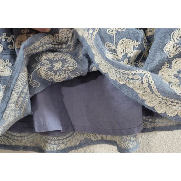 Emmelee Blue Beige Embroidered Floral Detail Pleated A Line Mini Skirt Large - Picture 2 of 4